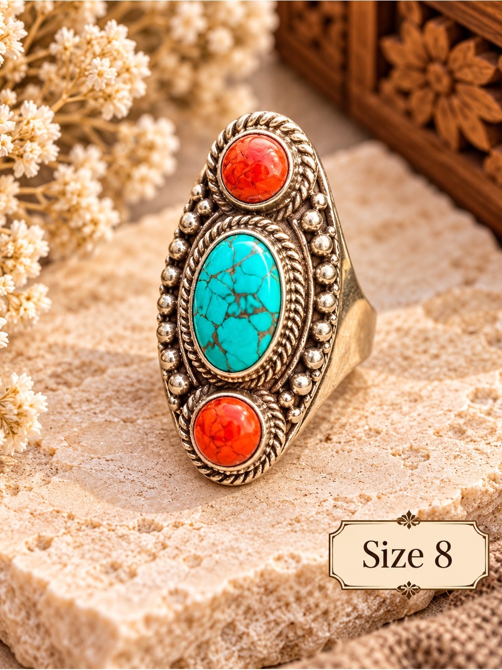 Bohemian Turquoise & Coral Statement Ring - Size 8